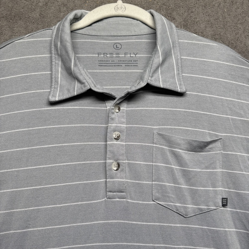 Free Fly Men's Polo Shirt Gray Striped Bamboo Performance Outdoor Large‎
